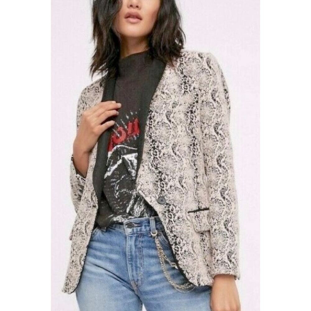 Free People Modern Femme Blazer Jacket Snake Animal Print Plunge Textured Medium - Picture 2 of 9